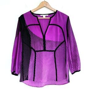 DIANE VON FURSTENBERG modern abstract 100% silk purple black polka blouse top